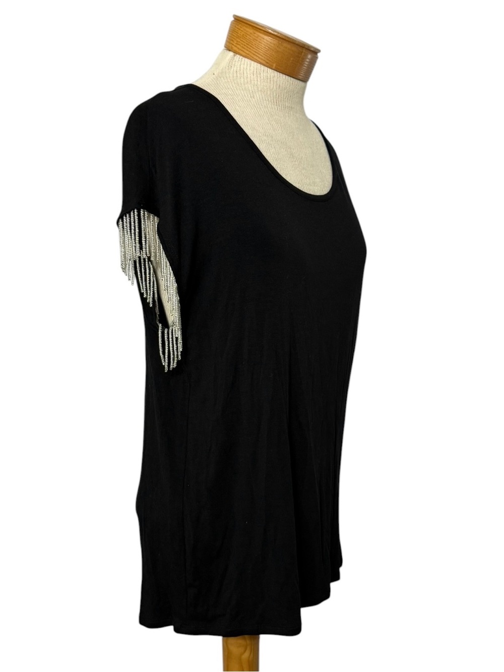 INC International Concepts Black Short Sleeve Beaded Fringe Tee Medium